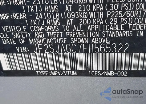 2015 Subaru Forester 2.5I Premium z USA, uszkodzony, nr VIN JF2SJAGC7FH565322